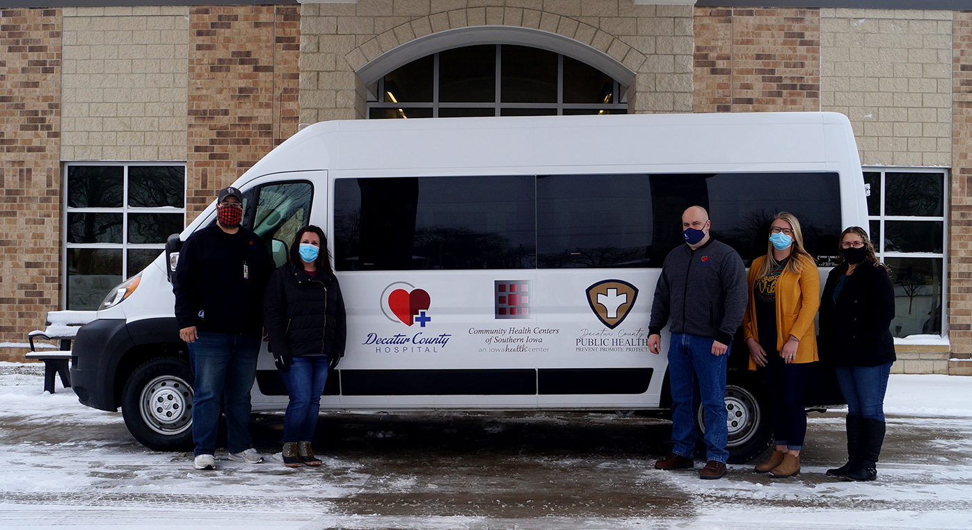 The Decatur County Healthcare Courtesy Van is pictured along with representatives from Decatur County Hospital, Decatur County Public Health, and Community Health Centers of Southern Iowa.