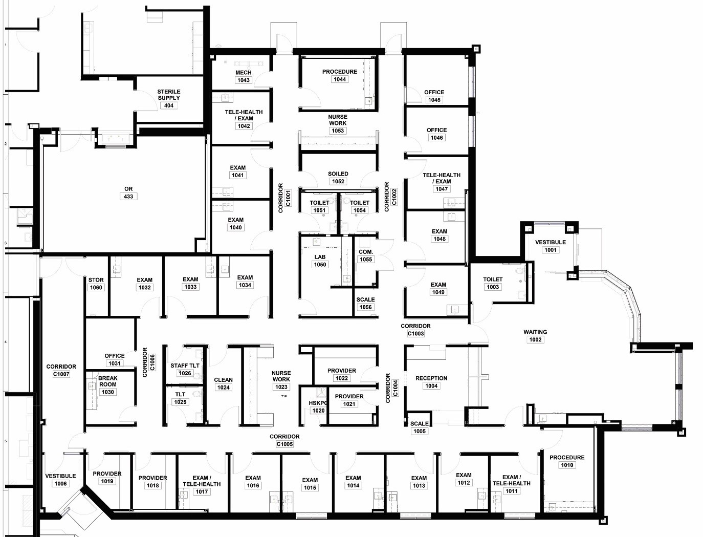 Blueprint of the new Outpatient Clinic. The thick lines outline the new space.