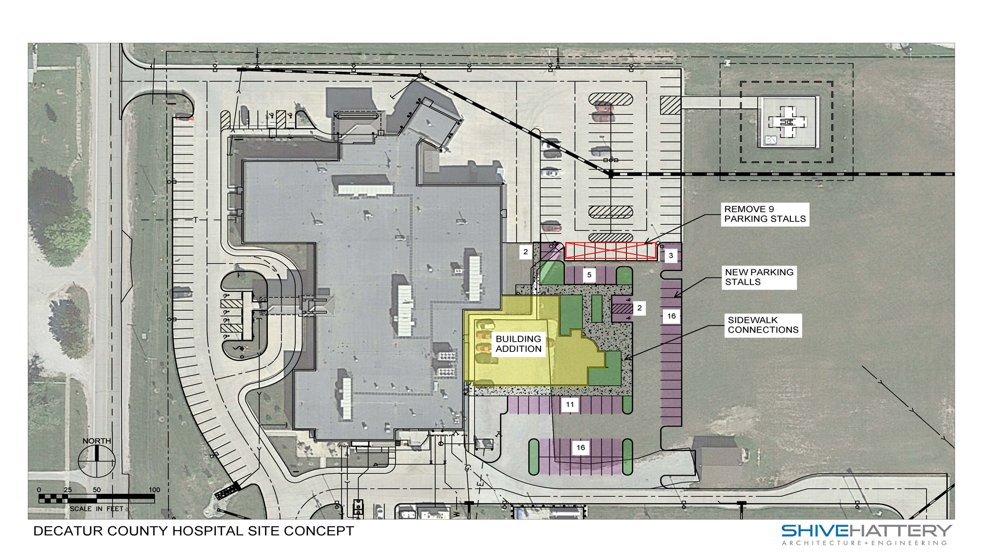 An architect rendering show the site plan for the DCH Outpatient Clinic addition.