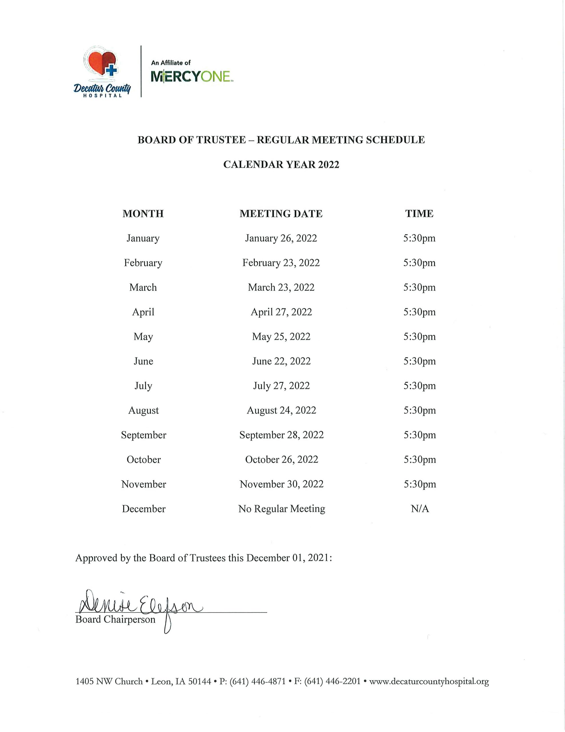 DCH Board of Trustee Regular Meeting Schedule-2022