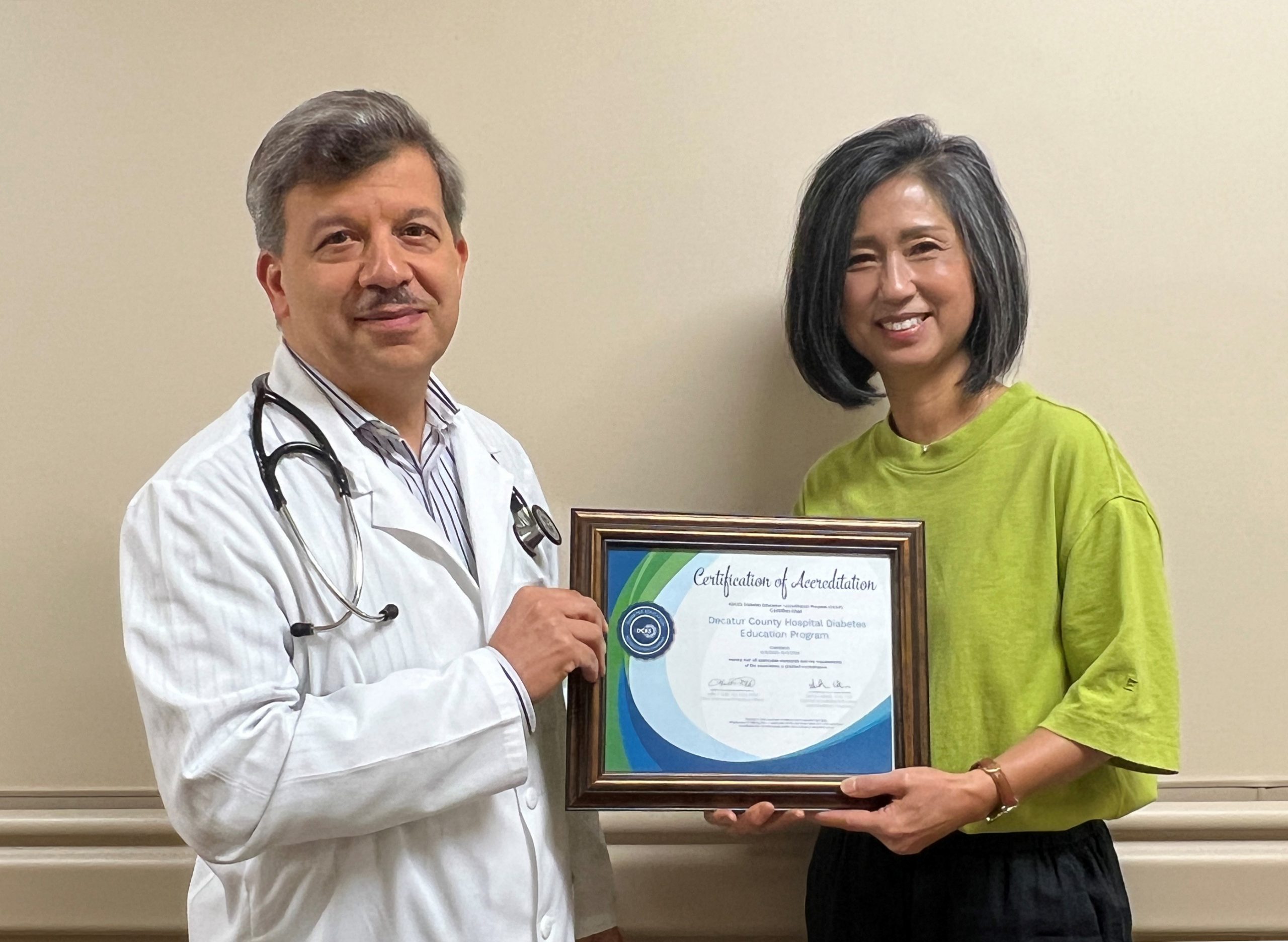 Dr. Hatham Kawji, MD; and Linda Klejch, CDE, RD; display Decatur County Hospital’s Certificate of Accreditation from the Association of Diabetes Care & Education Specialists (ADCES) for our Diabetic Education program.